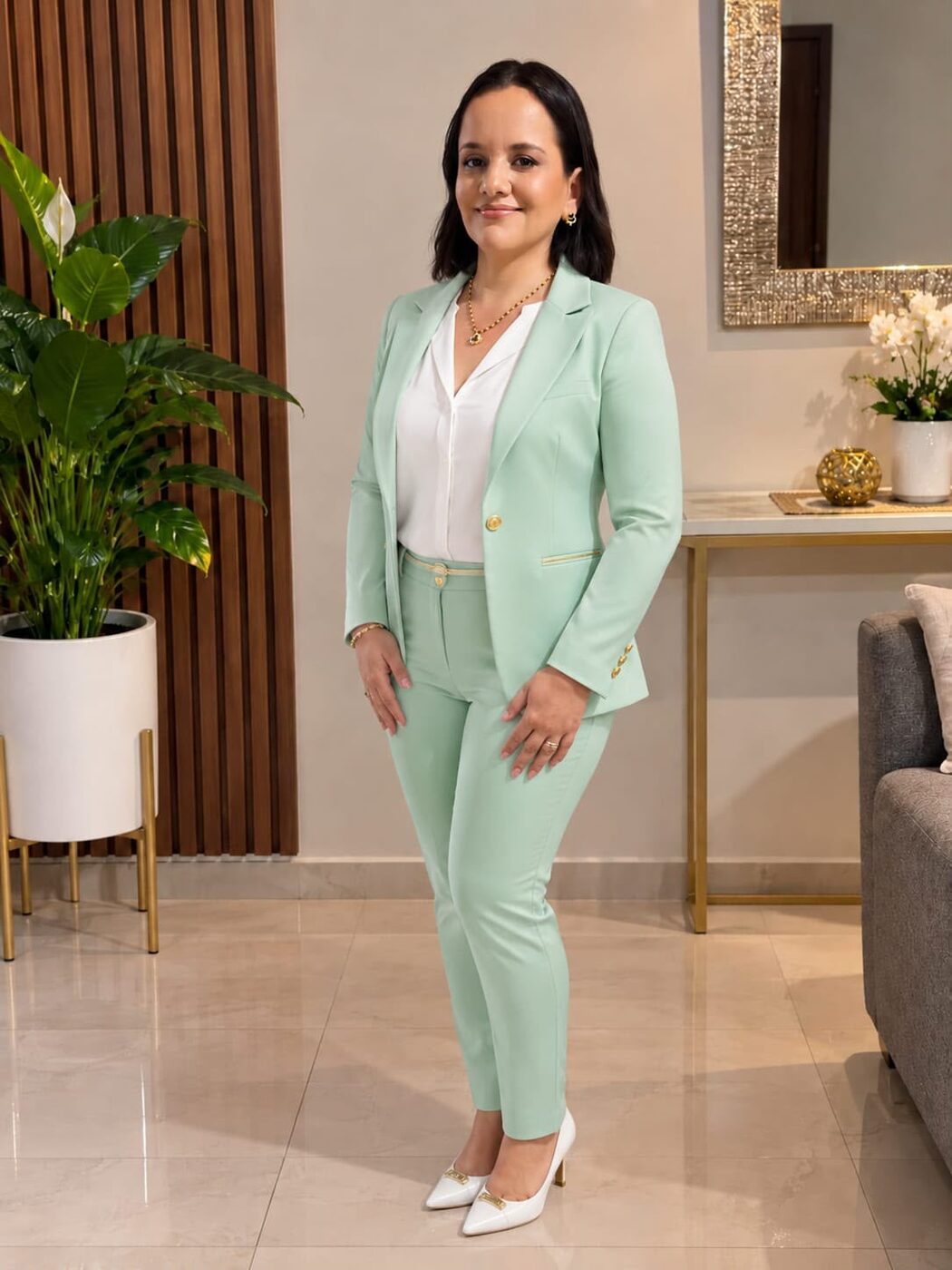 Rosario Vargas de pie con traje menta y blusa blanca en una sala